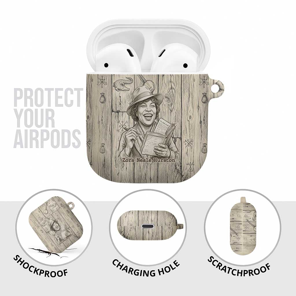 Zora Neale Hurston AirPods Case Rustic Wood Engraved Style Illustration Joyful Portrait with Book and Map Donkey - Wonder Print Shop