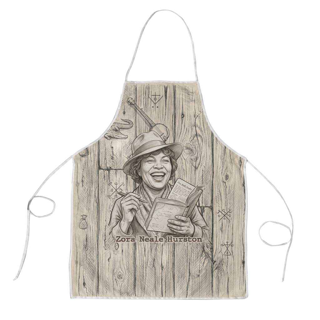 Zora Neale Hurston Apron Rustic Wood Engraved Style Illustration Joyful Portrait with Book and Map Donkey - Wonder Print Shop