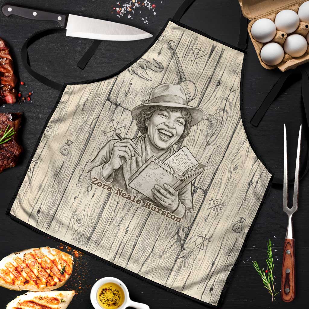 Zora Neale Hurston Apron Rustic Wood Engraved Style Illustration Joyful Portrait with Book and Map Donkey - Wonder Print Shop