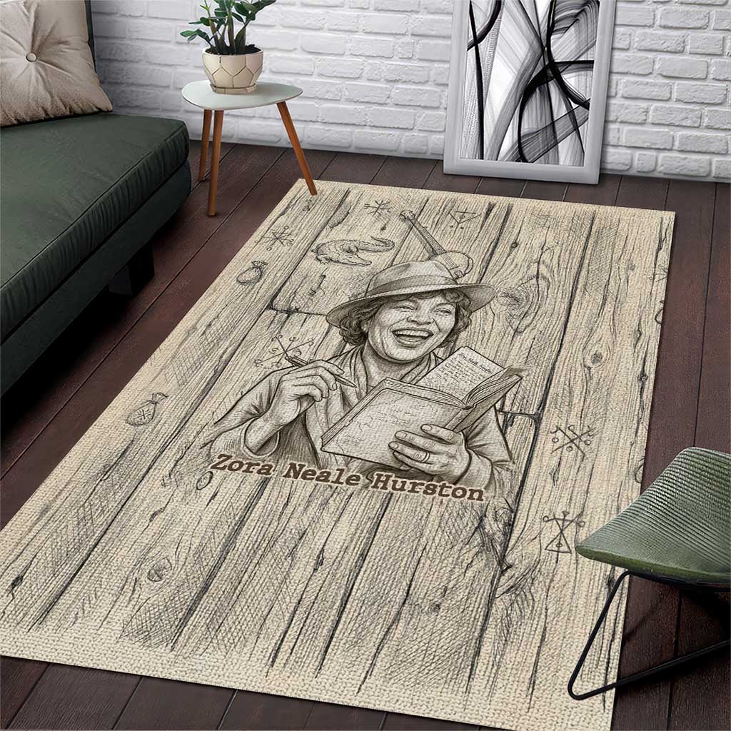 Zora Neale Hurston Area Rug Rustic Wood Engraved Style Illustration Joyful Portrait with Book and Map Donkey - Wonder Print Shop