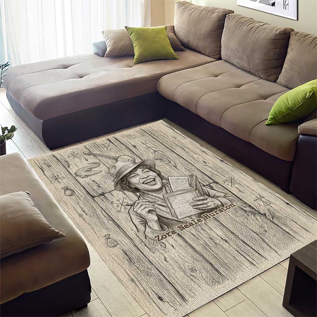 Zora Neale Hurston Area Rug Rustic Wood Engraved Style Illustration Joyful Portrait with Book and Map Donkey - Wonder Print Shop