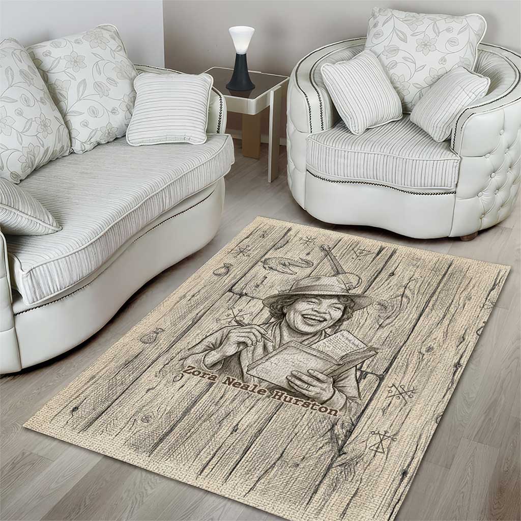Zora Neale Hurston Area Rug Rustic Wood Engraved Style Illustration Joyful Portrait with Book and Map Donkey - Wonder Print Shop
