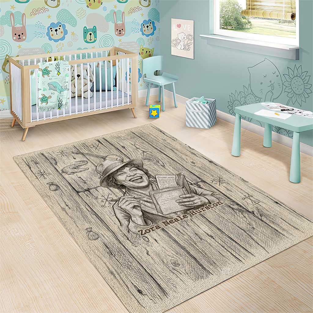 Zora Neale Hurston Area Rug Rustic Wood Engraved Style Illustration Joyful Portrait with Book and Map Donkey - Wonder Print Shop