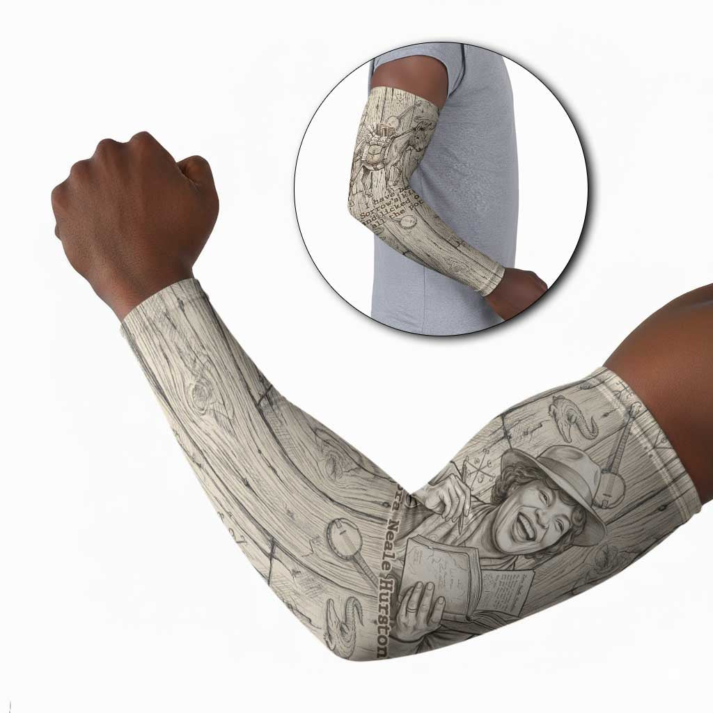Zora Neale Hurston Arm Sleeves Rustic Wood Engraved Style Illustration Joyful Portrait with Book and Map Donkey - Wonder Print Shop