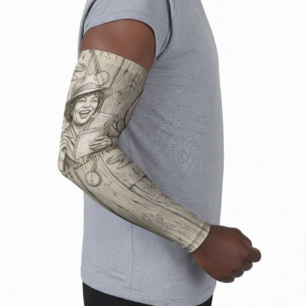 Zora Neale Hurston Arm Sleeves Rustic Wood Engraved Style Illustration Joyful Portrait with Book and Map Donkey - Wonder Print Shop