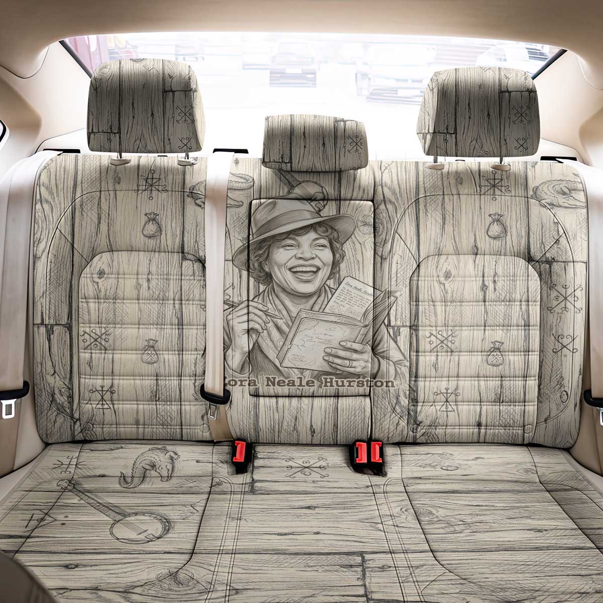 Zora Neale Hurston Back Car Seat Cover Rustic Wood Engraved Style Illustration Joyful Portrait with Book and Map Donkey - Wonder Print Shop