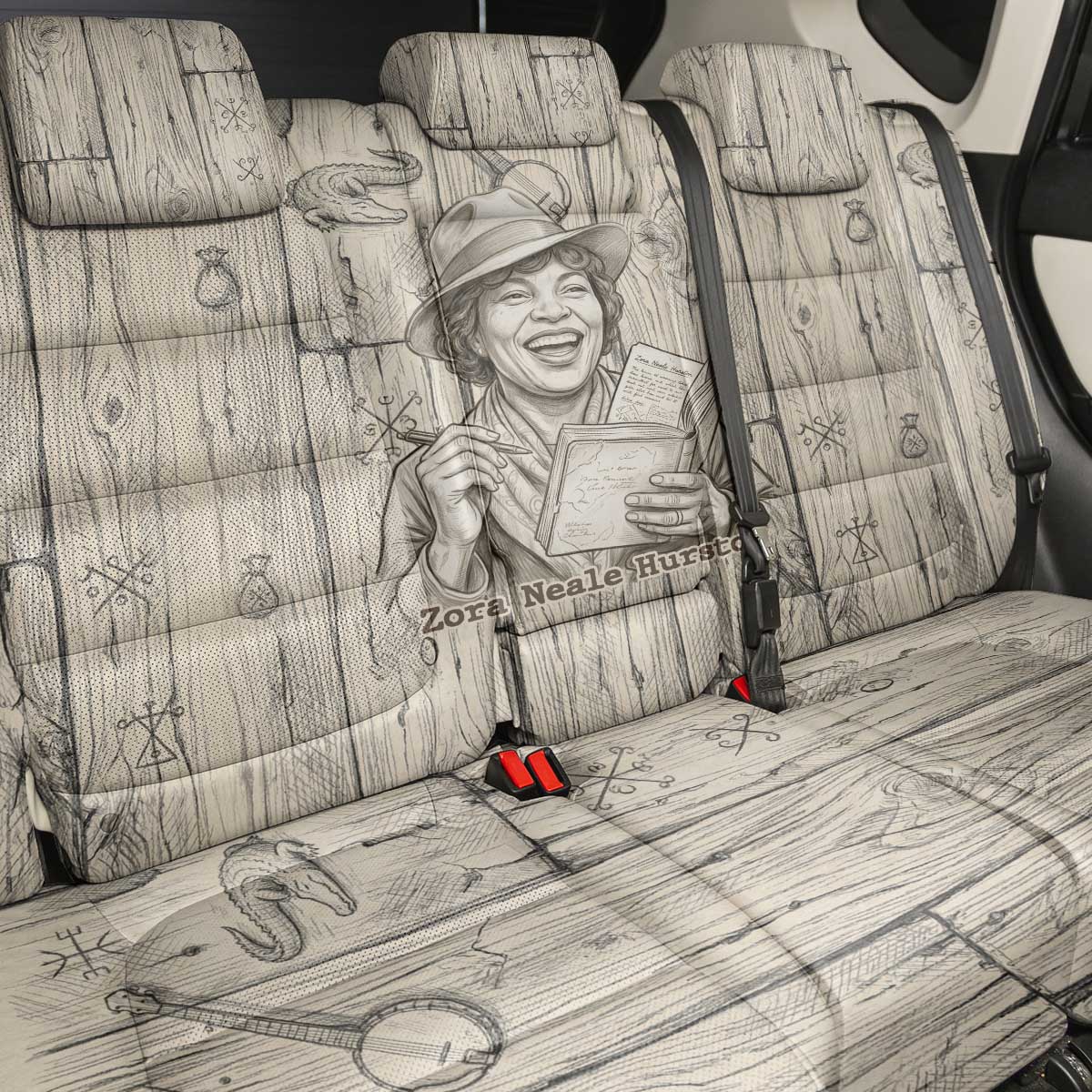 Zora Neale Hurston Back Car Seat Cover Rustic Wood Engraved Style Illustration Joyful Portrait with Book and Map Donkey - Wonder Print Shop