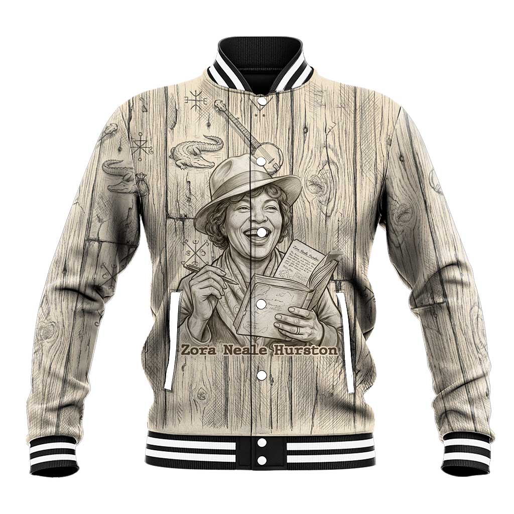 Zora Neale Hurston Baseball Jacket Rustic Wood Engraved Style Illustration Joyful Portrait with Book and Map Donkey - Wonder Print Shop