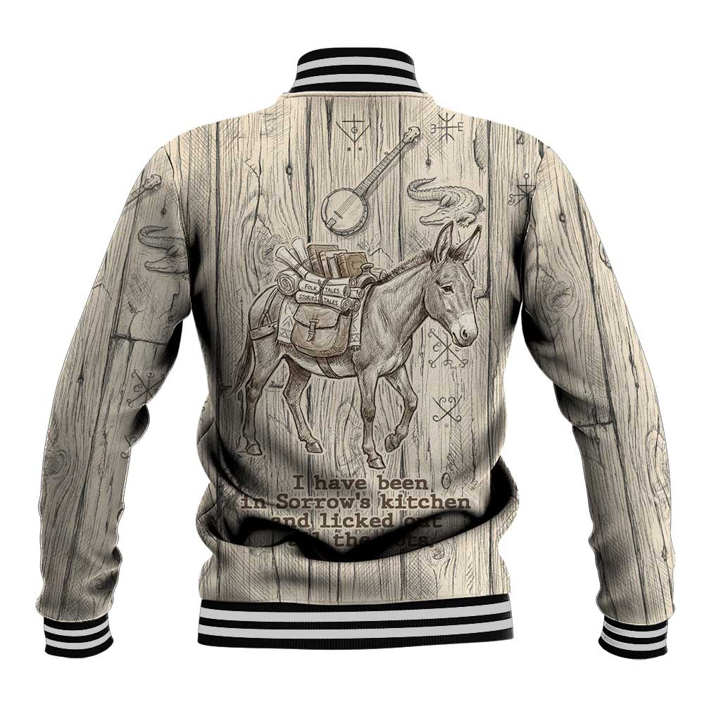 Zora Neale Hurston Baseball Jacket Rustic Wood Engraved Style Illustration Joyful Portrait with Book and Map Donkey - Wonder Print Shop