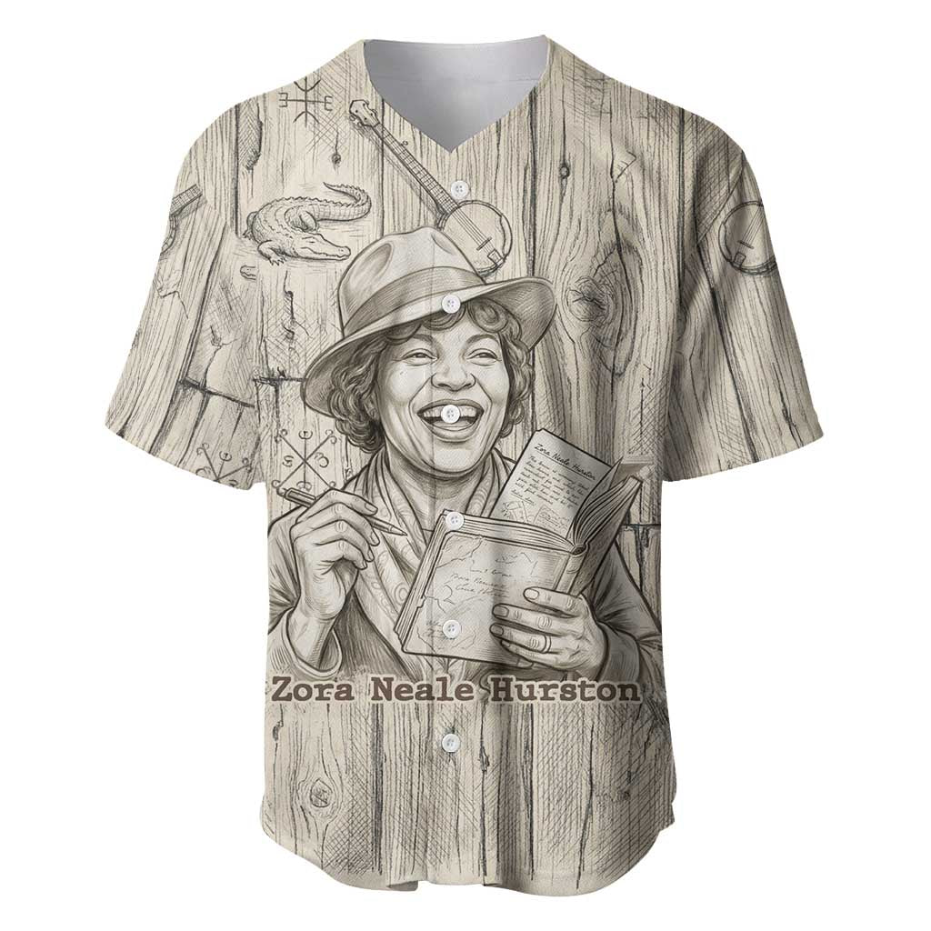 Zora Neale Hurston Baseball Jersey Rustic Wood Engraved Style Illustration Joyful Portrait with Book and Map Donkey - Wonder Print Shop