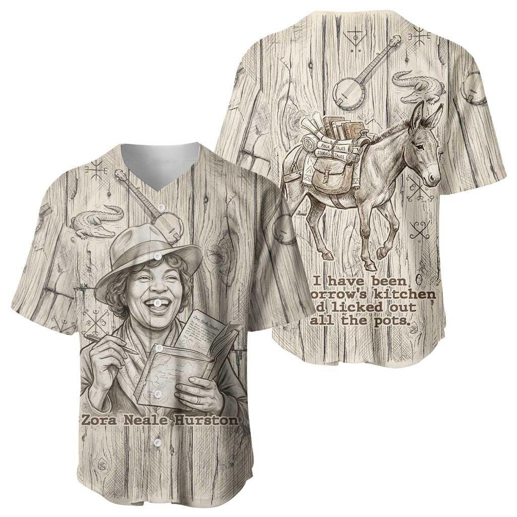 Zora Neale Hurston Baseball Jersey Rustic Wood Engraved Style Illustration Joyful Portrait with Book and Map Donkey - Wonder Print Shop