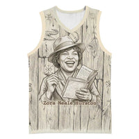 Zora Neale Hurston Basketball Jersey Rustic Wood Engraved Style Illustration Joyful Portrait with Book and Map Donkey - Wonder Print Shop