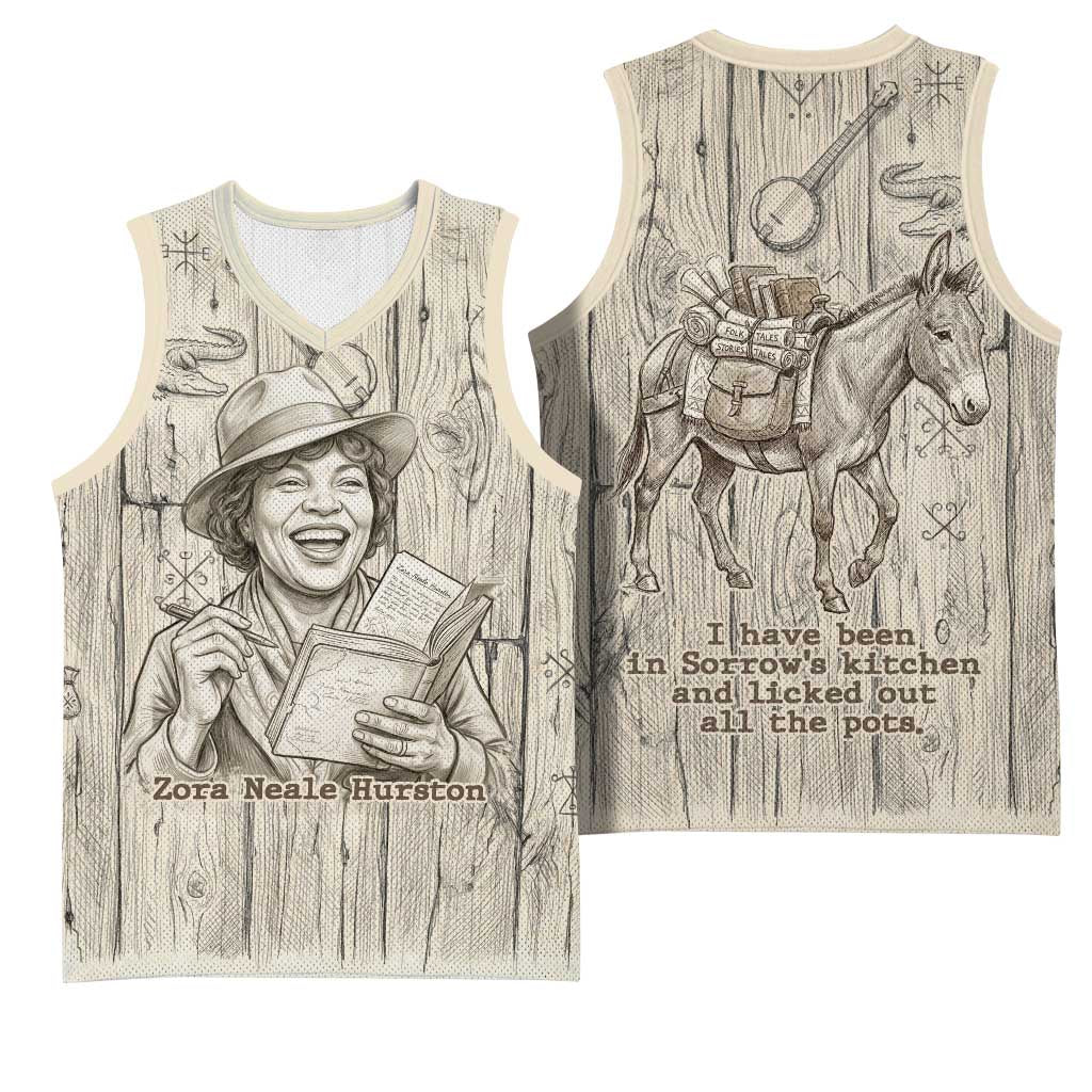 Zora Neale Hurston Basketball Jersey Rustic Wood Engraved Style Illustration Joyful Portrait with Book and Map Donkey - Wonder Print Shop