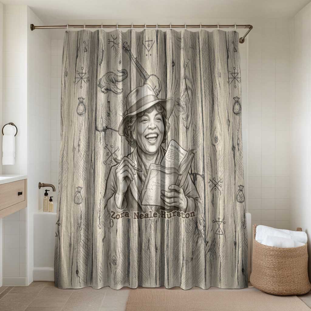 Zora Neale Hurston Bathroom Set Rustic Wood Engraved Style Illustration Joyful Portrait with Book and Map Donkey - Wonder Print Shop