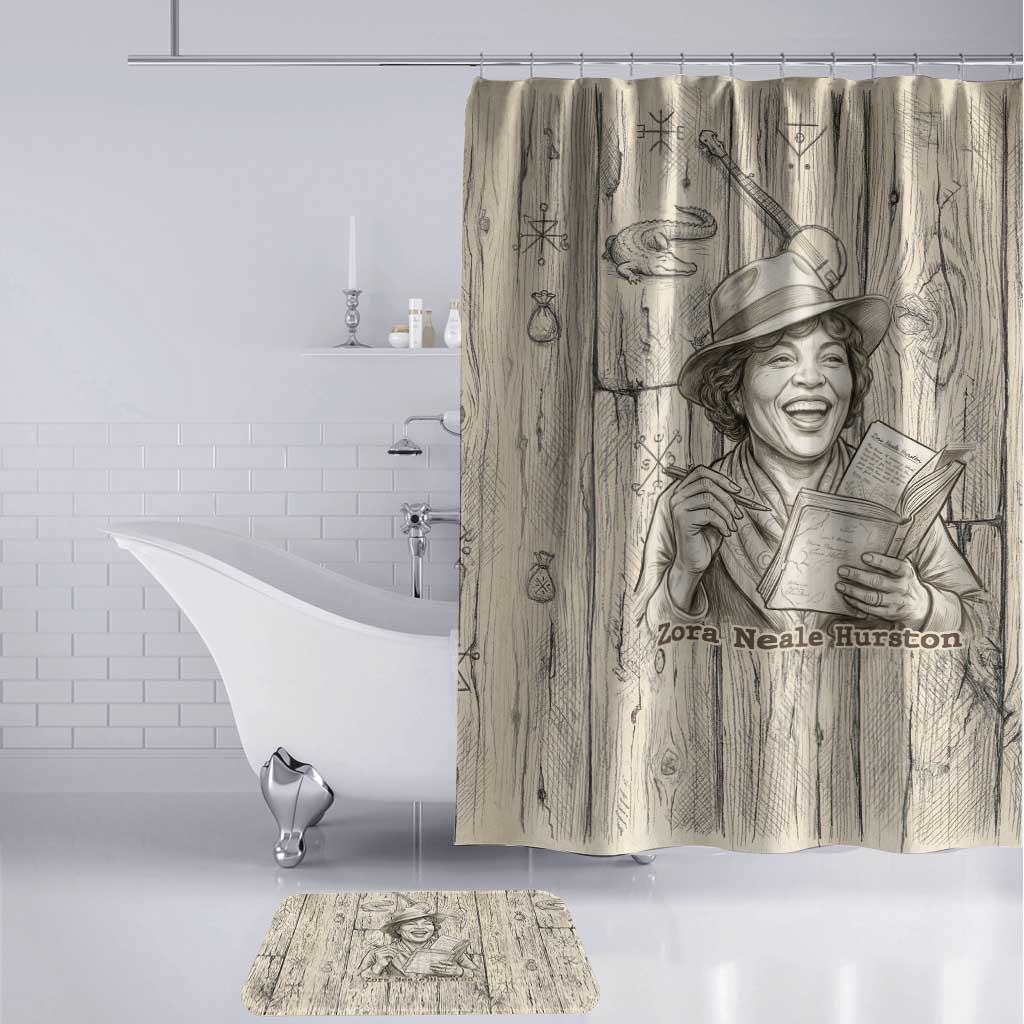 Zora Neale Hurston Bathroom Set Rustic Wood Engraved Style Illustration Joyful Portrait with Book and Map Donkey - Wonder Print Shop