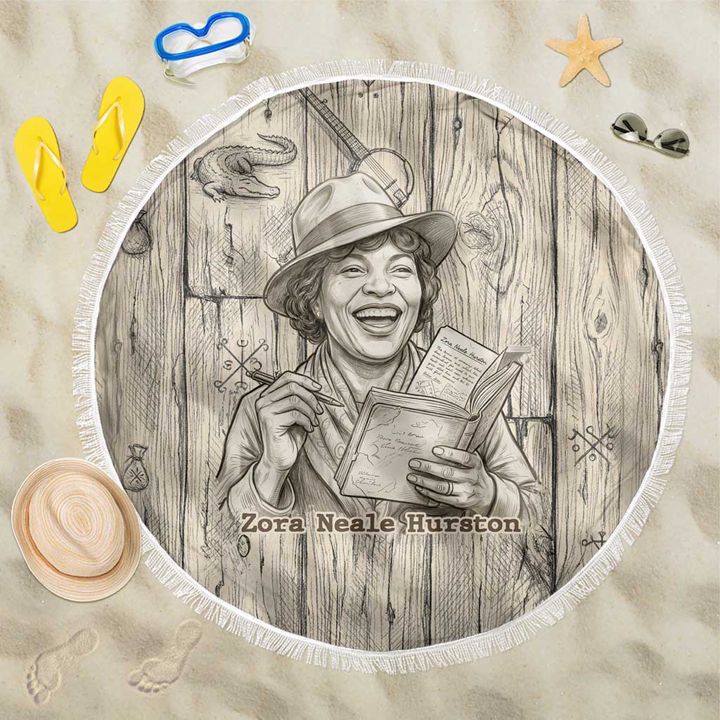 Zora Neale Hurston Beach Blanket Rustic Wood Engraved Style Illustration Joyful Portrait with Book and Map Donkey - Wonder Print Shop