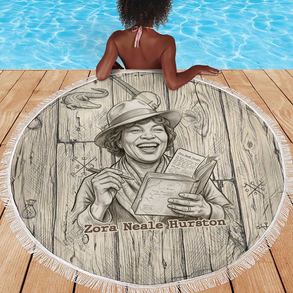 Zora Neale Hurston Beach Blanket Rustic Wood Engraved Style Illustration Joyful Portrait with Book and Map Donkey - Wonder Print Shop