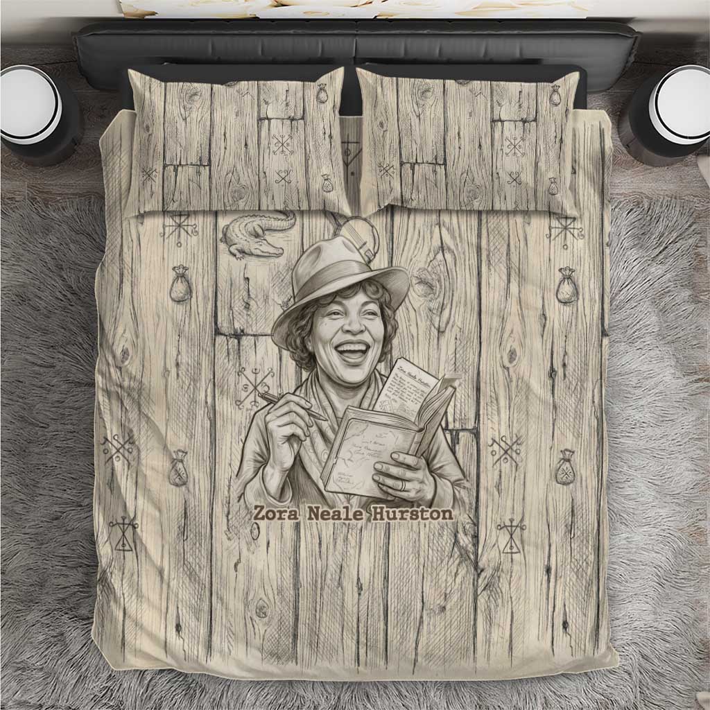 Zora Neale Hurston Bedding Set Rustic Wood Engraved Style Illustration Joyful Portrait with Book and Map Donkey - Wonder Print Shop