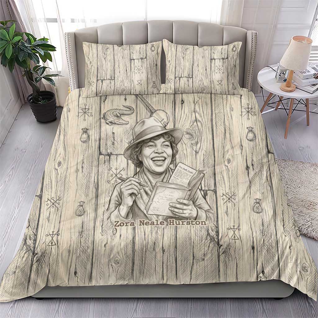 Zora Neale Hurston Bedding Set Rustic Wood Engraved Style Illustration Joyful Portrait with Book and Map Donkey - Wonder Print Shop