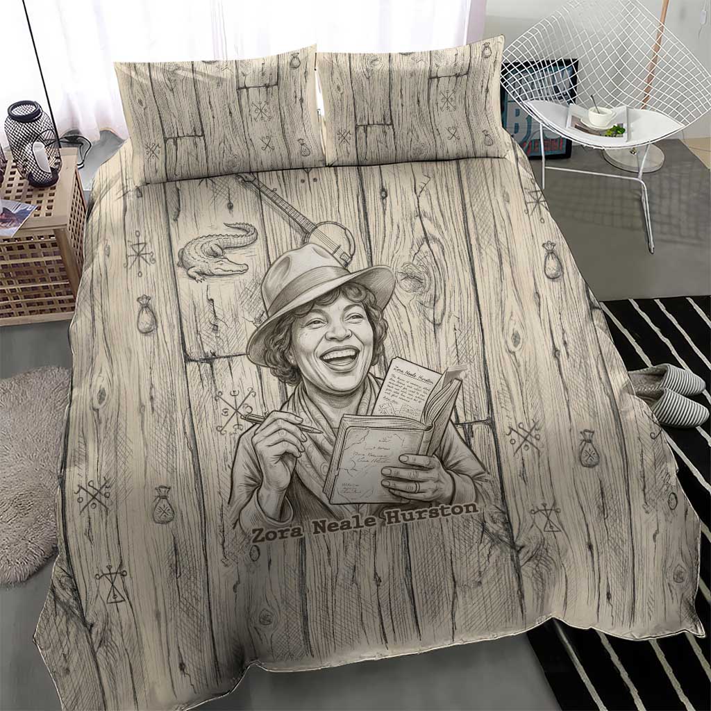 Zora Neale Hurston Bedding Set Rustic Wood Engraved Style Illustration Joyful Portrait with Book and Map Donkey - Wonder Print Shop