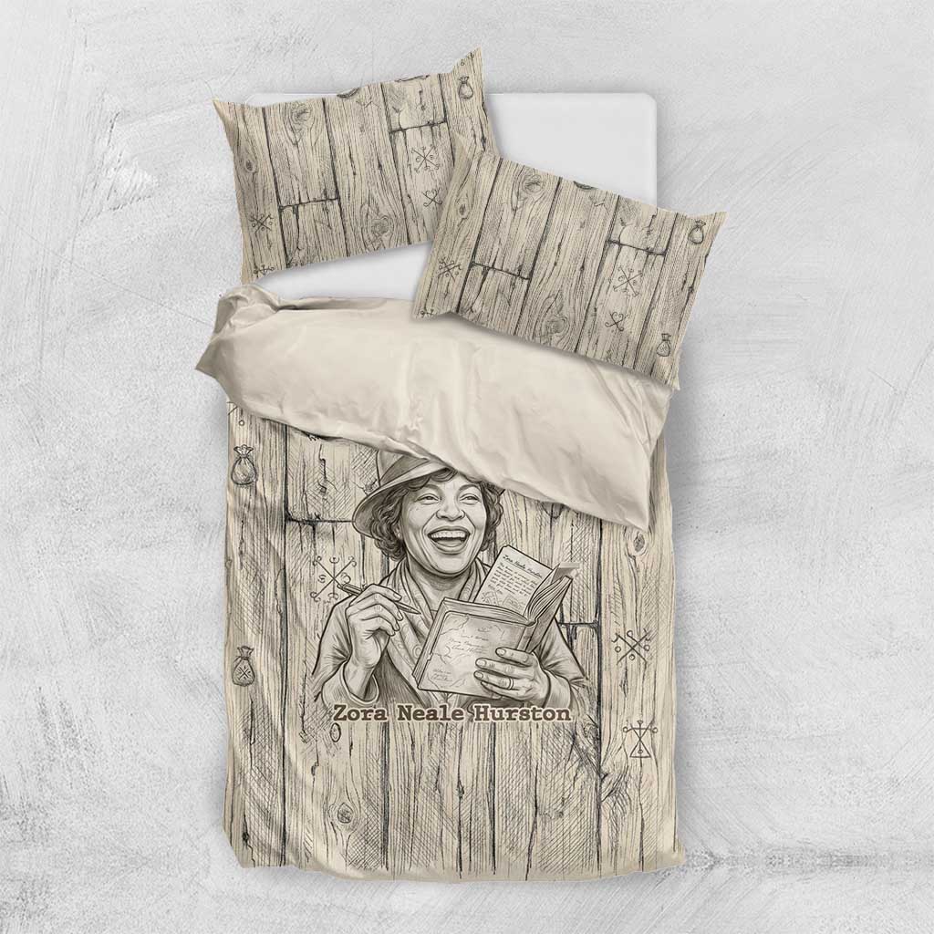 Zora Neale Hurston Bedding Set Rustic Wood Engraved Style Illustration Joyful Portrait with Book and Map Donkey - Wonder Print Shop