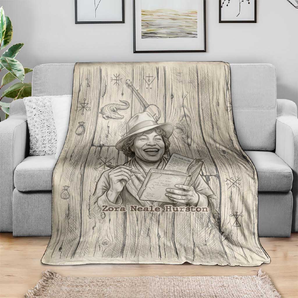 Zora Neale Hurston Blanket Rustic Wood Engraved Style Illustration Joyful Portrait with Book and Map Donkey - Wonder Print Shop