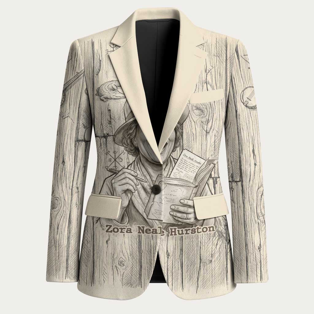 Zora Neale Hurston Blazer Rustic Wood Engraved Style Illustration Joyful Portrait with Book and Map Donkey - Wonder Print Shop