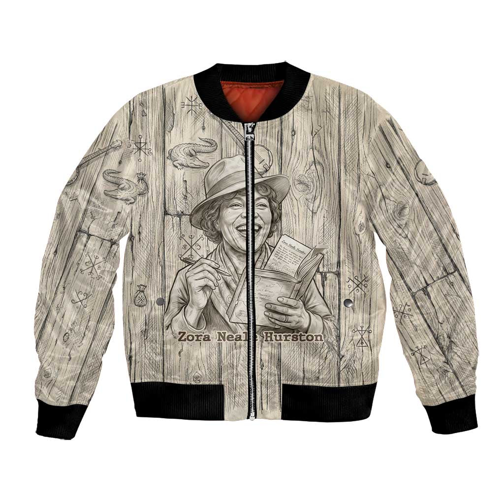 Zora Neale Hurston Bomber Jacket Rustic Wood Engraved Style Illustration Joyful Portrait with Book and Map Donkey - Wonder Print Shop
