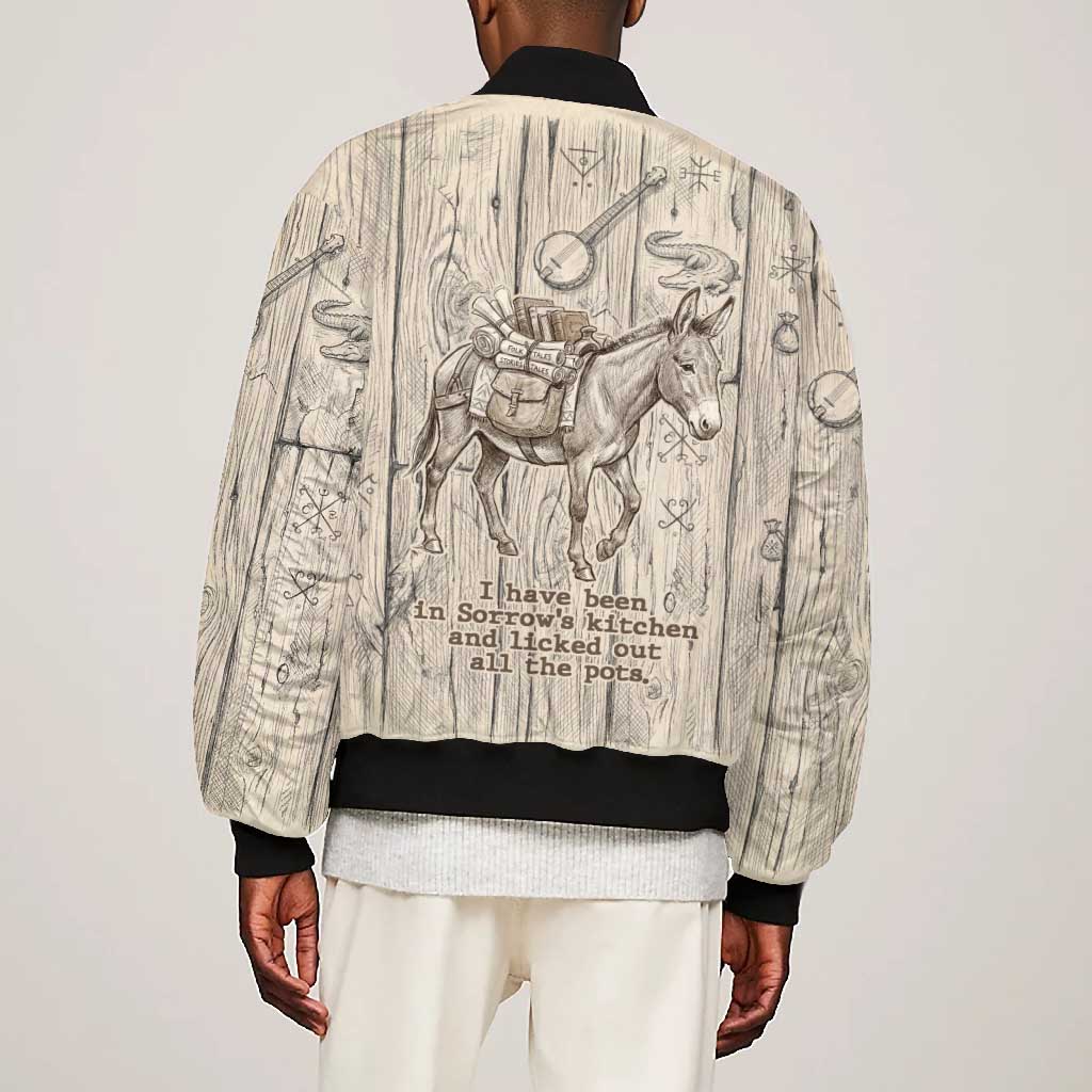 Zora Neale Hurston Bomber Jacket Rustic Wood Engraved Style Illustration Joyful Portrait with Book and Map Donkey - Wonder Print Shop