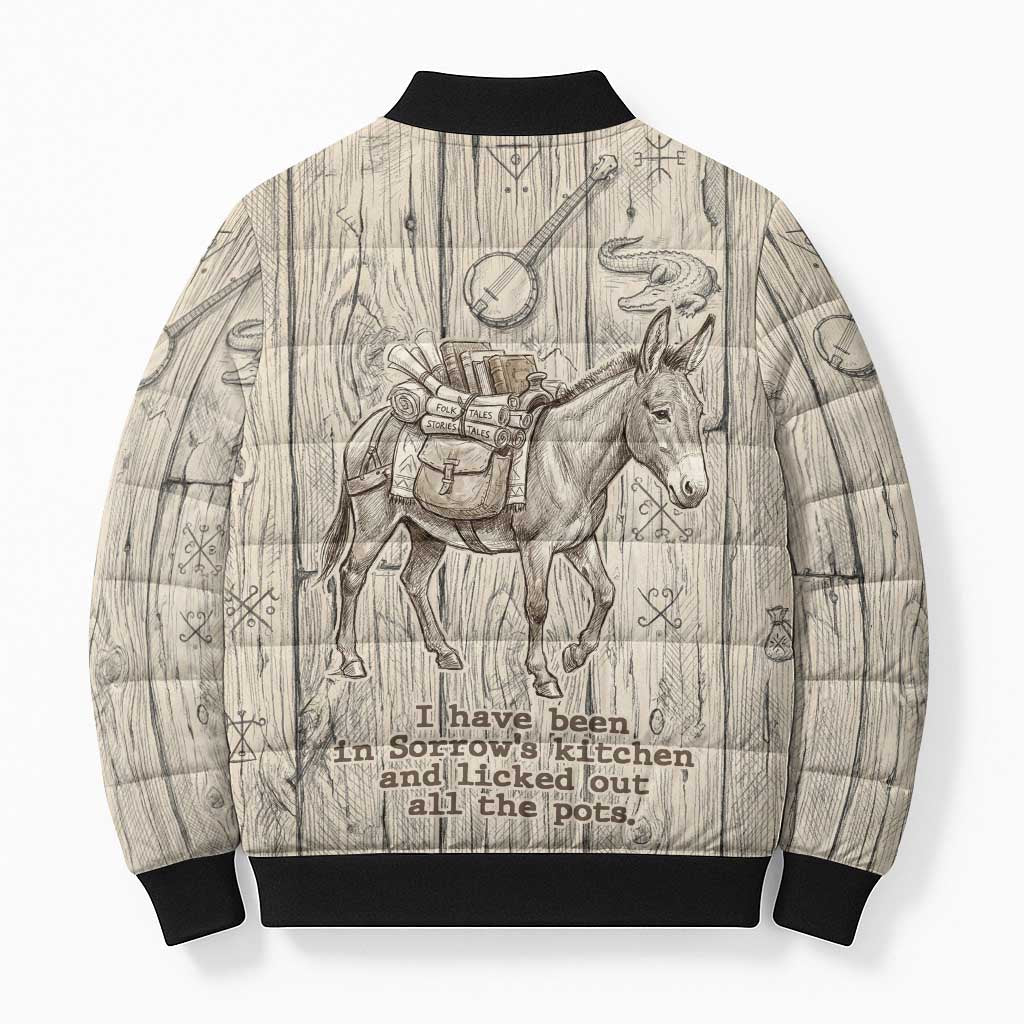 Zora Neale Hurston Bomber Puffer Jacket Rustic Wood Engraved Style Illustration Joyful Portrait with Book and Map Donkey - Wonder Print Shop