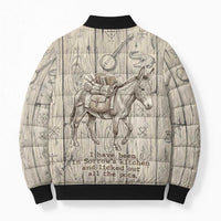 Zora Neale Hurston Bomber Puffer Jacket Rustic Wood Engraved Style Illustration Joyful Portrait with Book and Map Donkey - Wonder Print Shop
