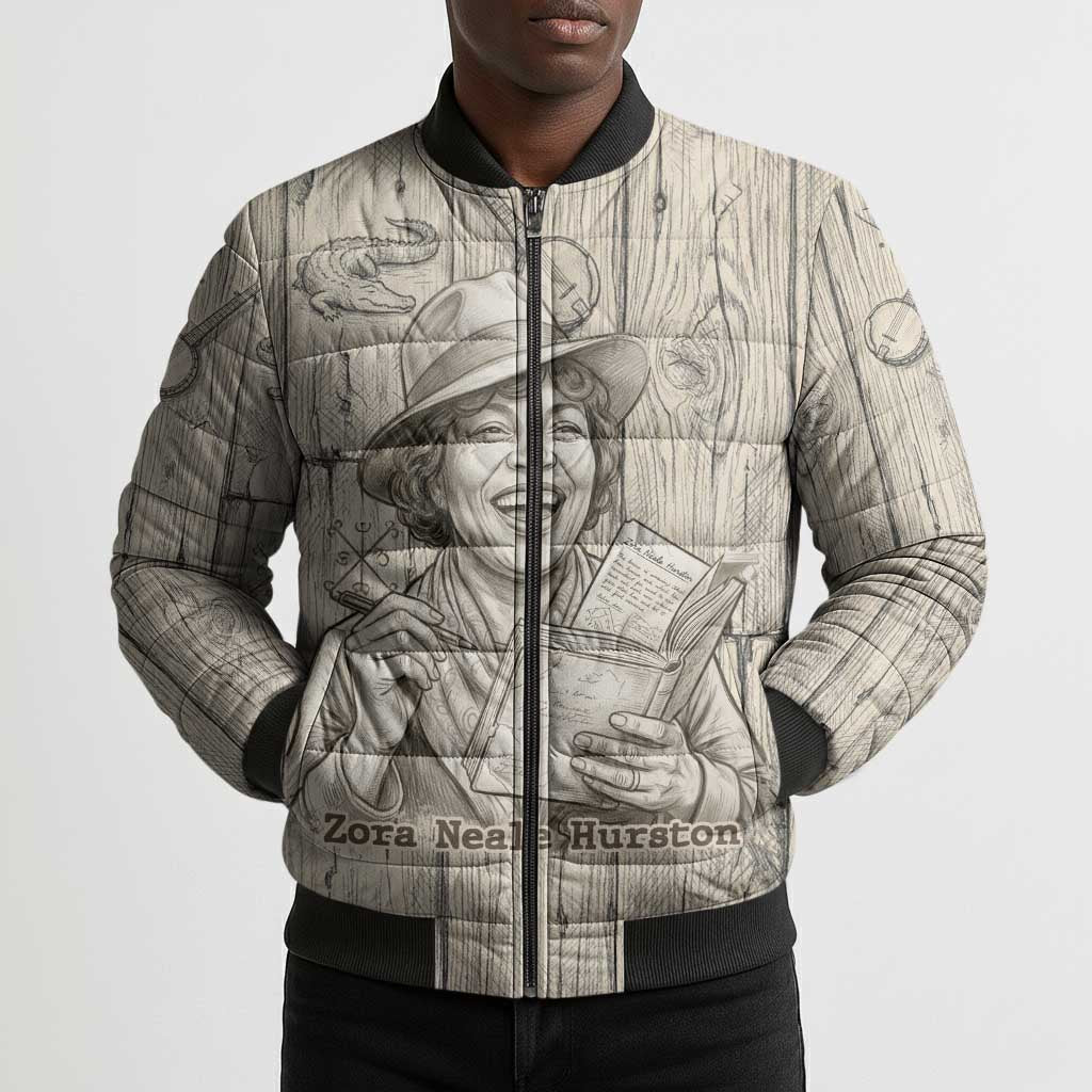 Zora Neale Hurston Bomber Puffer Jacket Rustic Wood Engraved Style Illustration Joyful Portrait with Book and Map Donkey - Wonder Print Shop