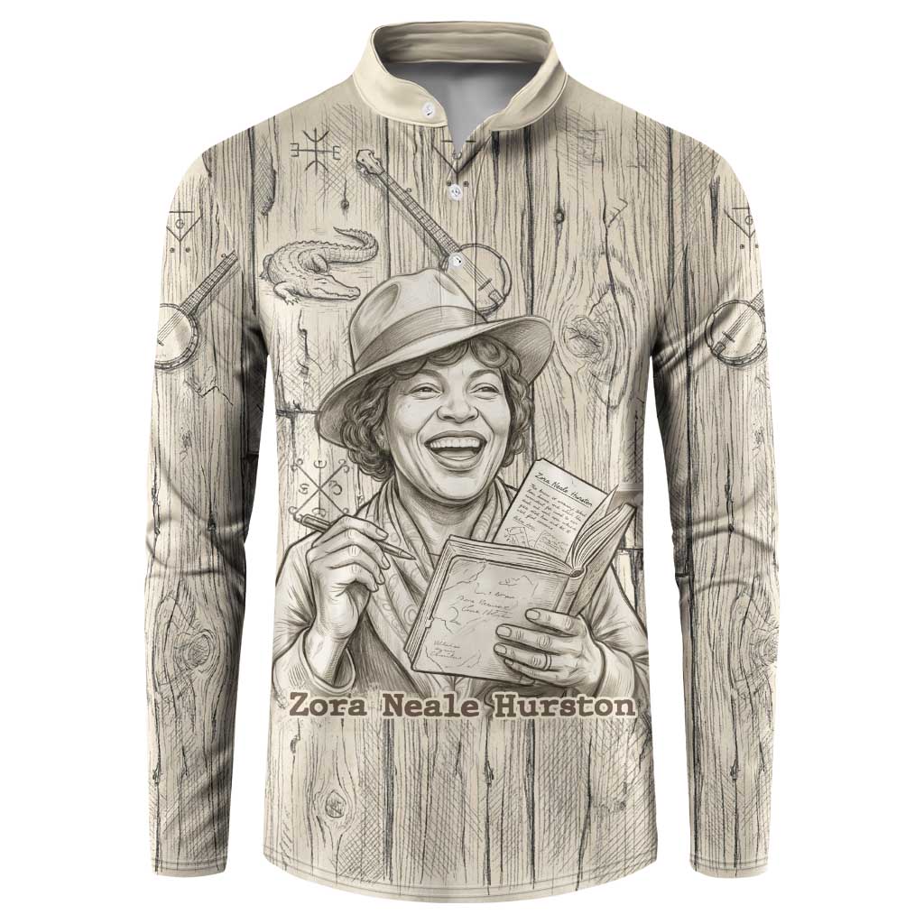 Zora Neale Hurston Button Sweatshirt Rustic Wood Engraved Style Illustration Joyful Portrait with Book and Map Donkey