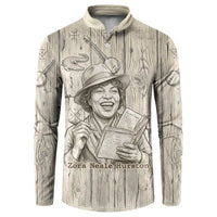 Zora Neale Hurston Button Sweatshirt Rustic Wood Engraved Style Illustration Joyful Portrait with Book and Map Donkey