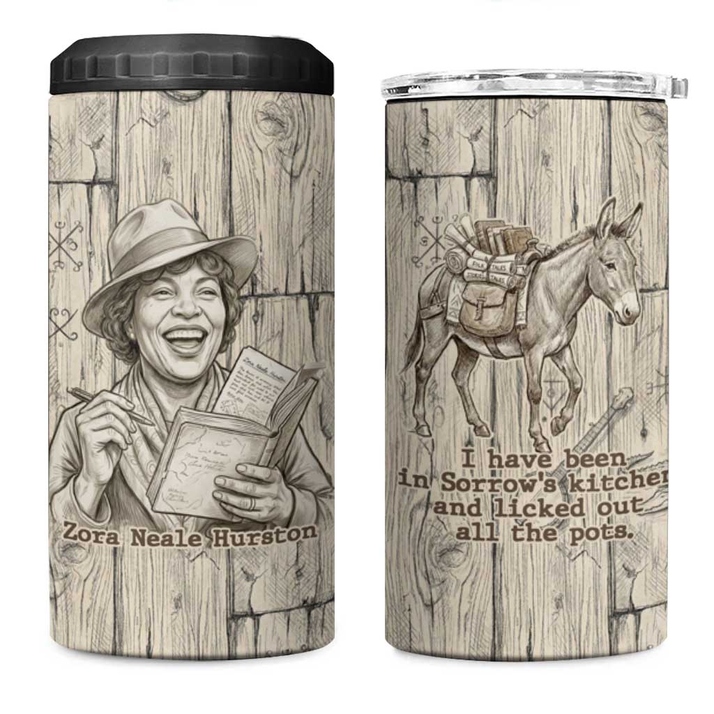Zora Neale Hurston 4 in 1 Can Cooler Tumbler Rustic Wood Engraved Style Illustration Joyful Portrait with Book and Map Donkey - Wonder Print Shop