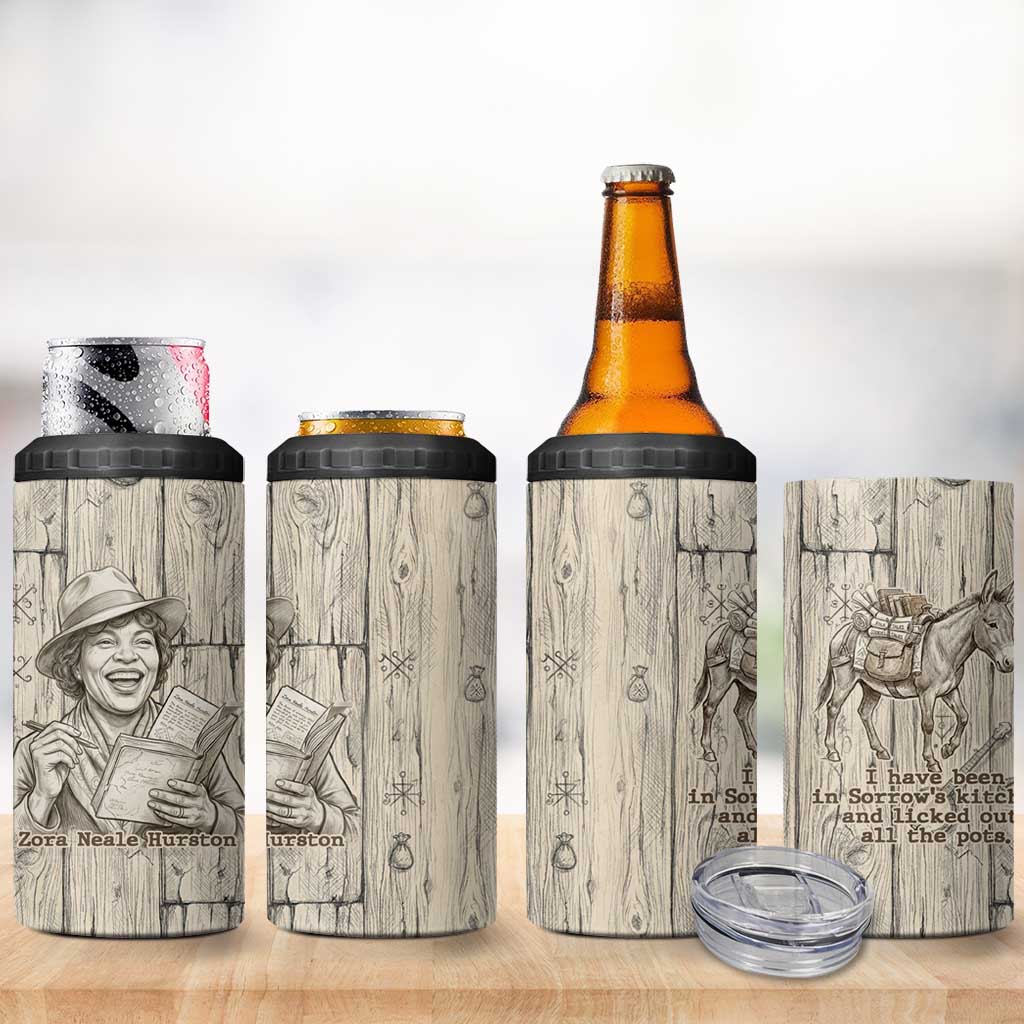 Zora Neale Hurston 4 in 1 Can Cooler Tumbler Rustic Wood Engraved Style Illustration Joyful Portrait with Book and Map Donkey - Wonder Print Shop