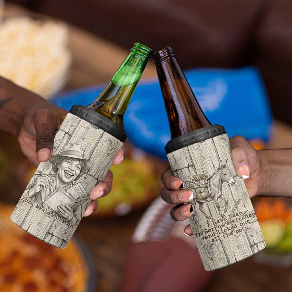 Zora Neale Hurston 4 in 1 Can Cooler Tumbler Rustic Wood Engraved Style Illustration Joyful Portrait with Book and Map Donkey - Wonder Print Shop