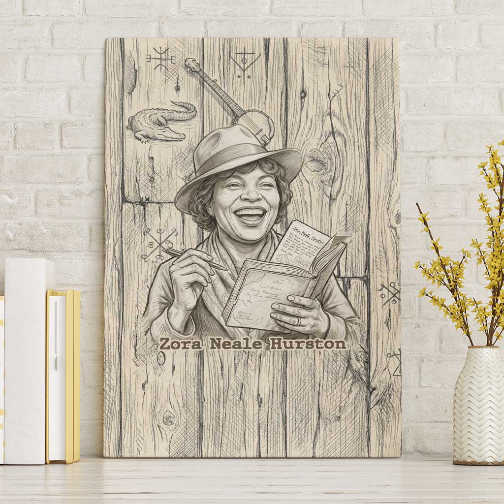 Zora Neale Hurston Canvas Wall Art Rustic Wood Engraved Style Illustration Joyful Portrait with Book and Map Donkey - Wonder Print Shop