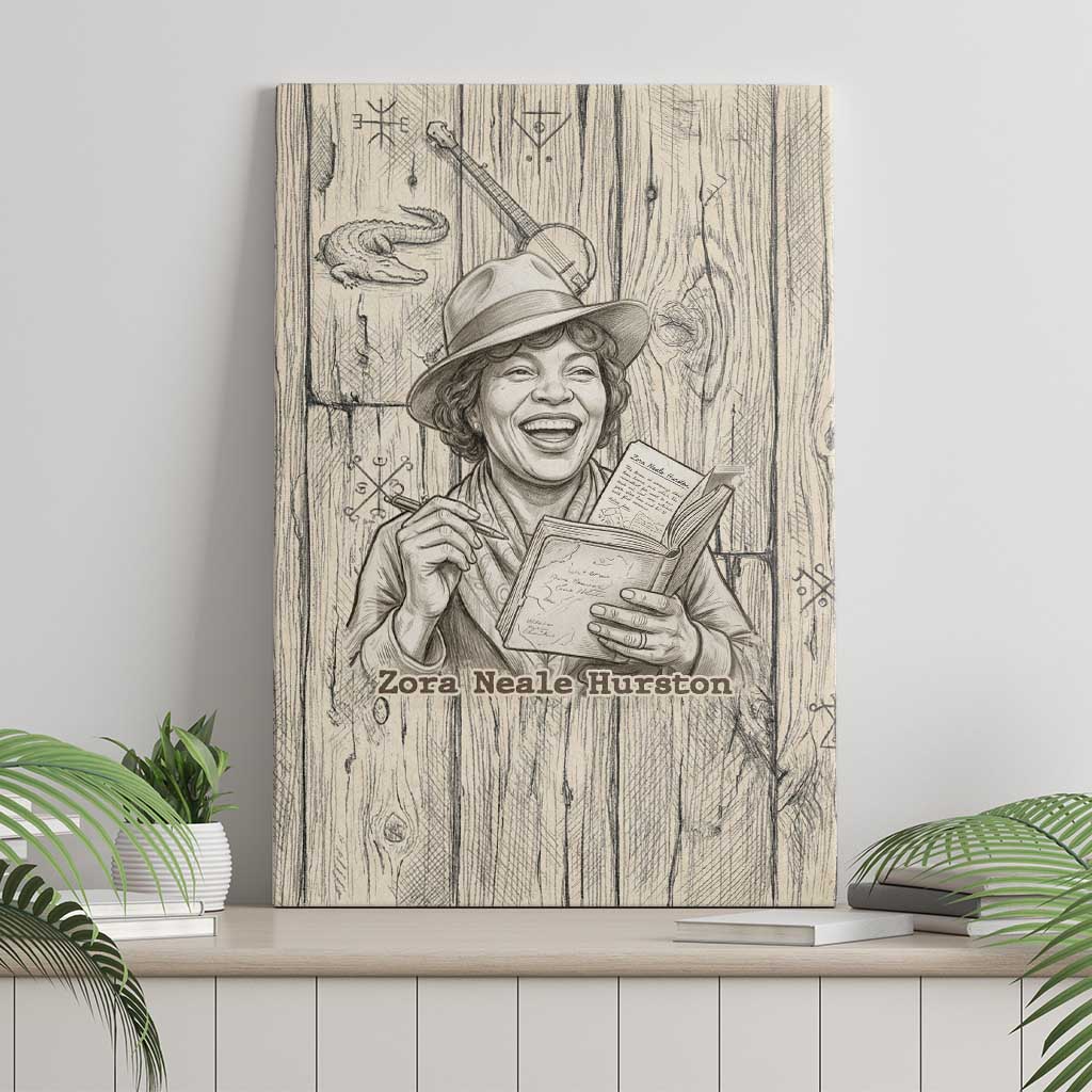 Zora Neale Hurston Canvas Wall Art Rustic Wood Engraved Style Illustration Joyful Portrait with Book and Map Donkey - Wonder Print Shop