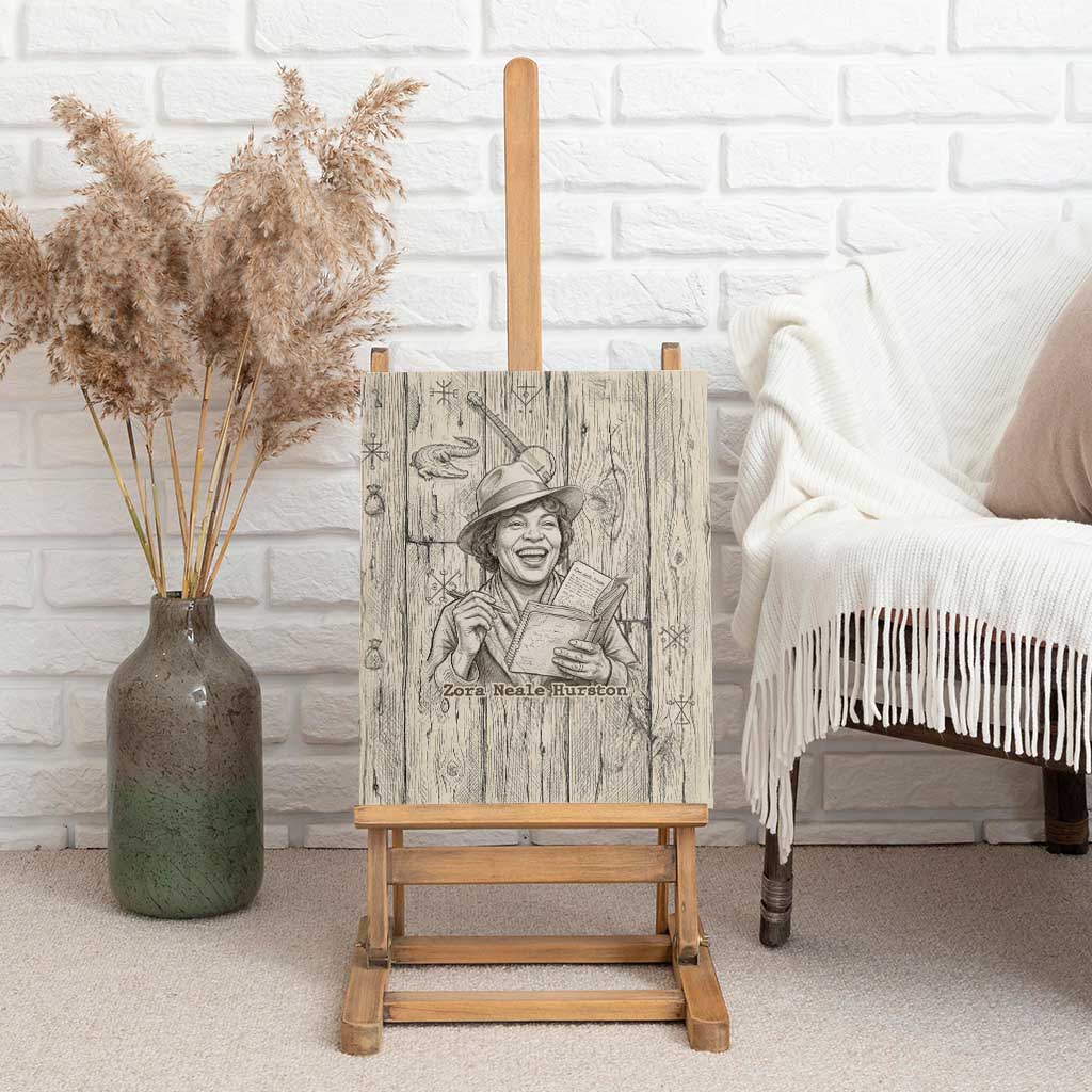 Zora Neale Hurston Canvas Wall Art Rustic Wood Engraved Style Illustration Joyful Portrait with Book and Map Donkey - Wonder Print Shop