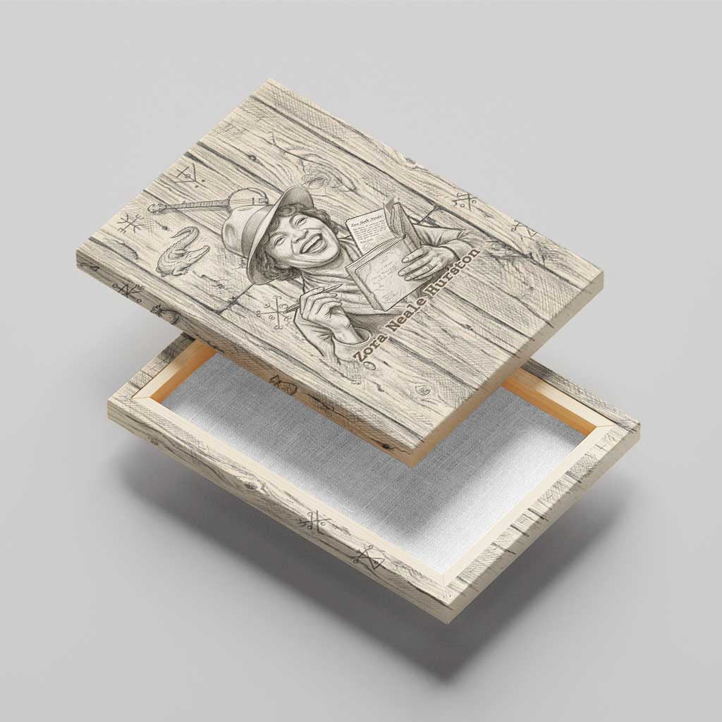 Zora Neale Hurston Canvas Wall Art Rustic Wood Engraved Style Illustration Joyful Portrait with Book and Map Donkey - Wonder Print Shop