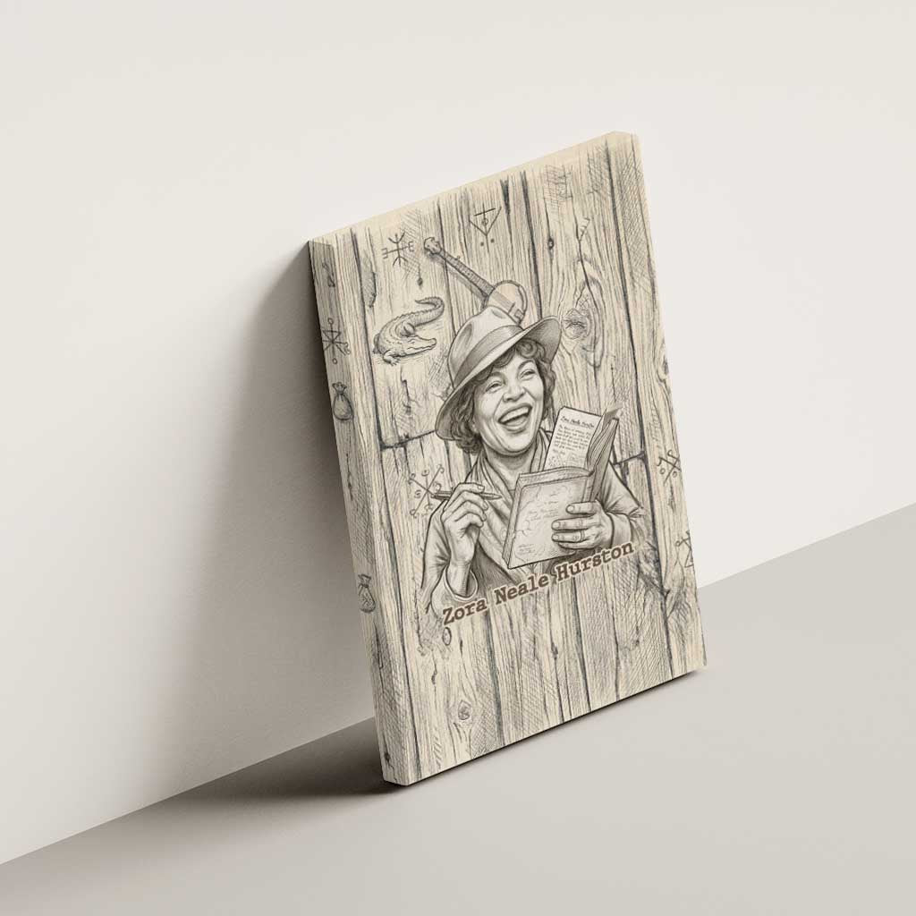 Zora Neale Hurston Canvas Wall Art Rustic Wood Engraved Style Illustration Joyful Portrait with Book and Map Donkey - Wonder Print Shop