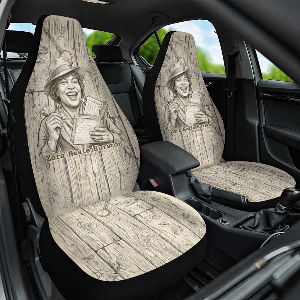 Zora Neale Hurston Car Seat Cover Rustic Wood Engraved Style Illustration Joyful Portrait with Book and Map Donkey - Wonder Print Shop
