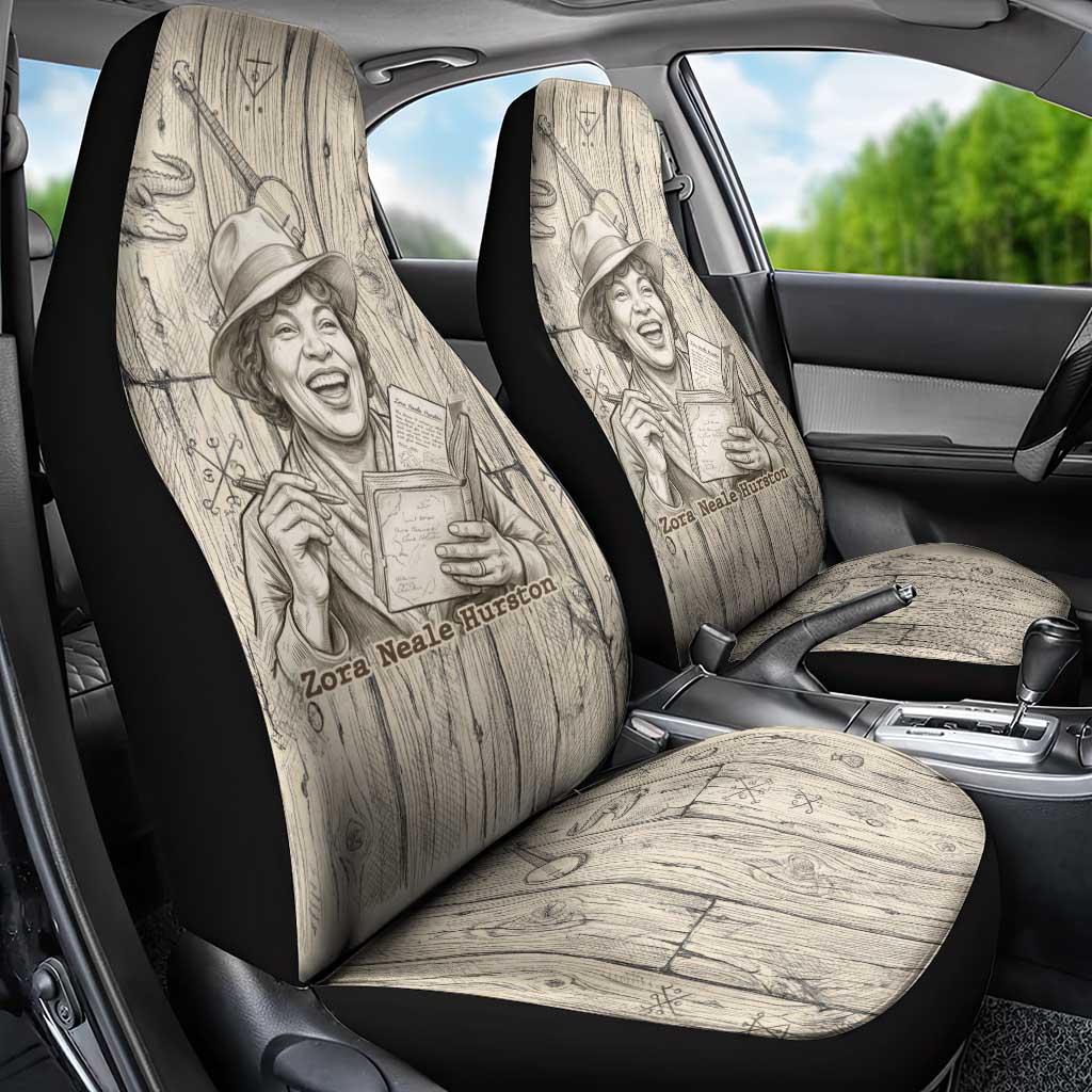 Zora Neale Hurston Car Seat Cover Rustic Wood Engraved Style Illustration Joyful Portrait with Book and Map Donkey - Wonder Print Shop