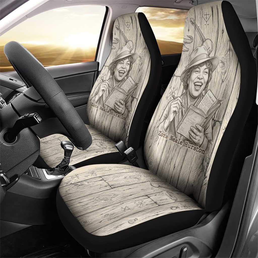 Zora Neale Hurston Car Seat Cover Rustic Wood Engraved Style Illustration Joyful Portrait with Book and Map Donkey - Wonder Print Shop