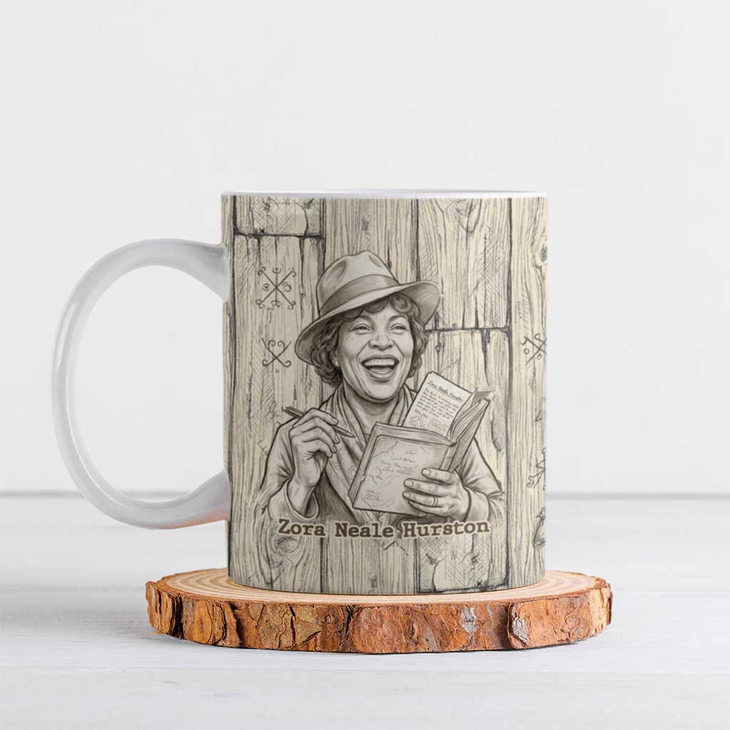 Zora Neale Hurston Ceramic Mug Rustic Wood Engraved Style Illustration Joyful Portrait with Book and Map Donkey - Wonder Print Shop