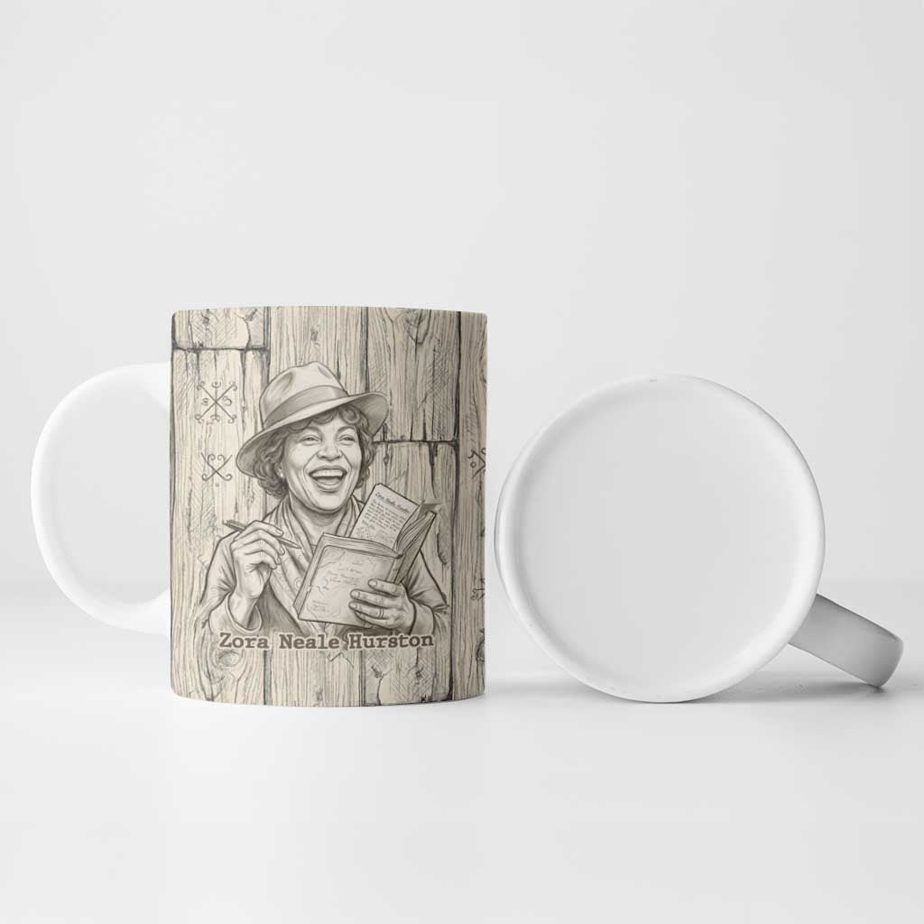 Zora Neale Hurston Ceramic Mug Rustic Wood Engraved Style Illustration Joyful Portrait with Book and Map Donkey - Wonder Print Shop