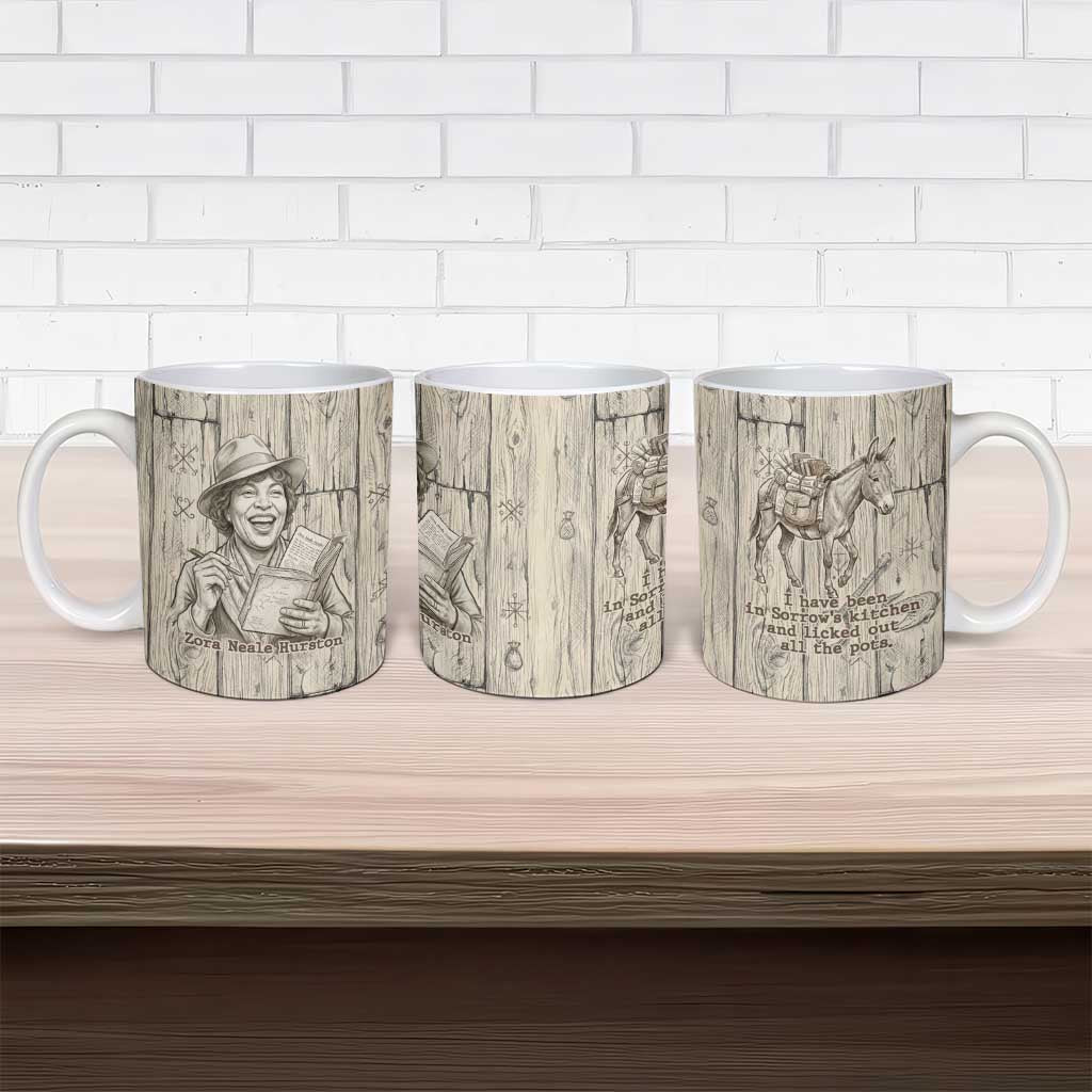 Zora Neale Hurston Ceramic Mug Rustic Wood Engraved Style Illustration Joyful Portrait with Book and Map Donkey - Wonder Print Shop