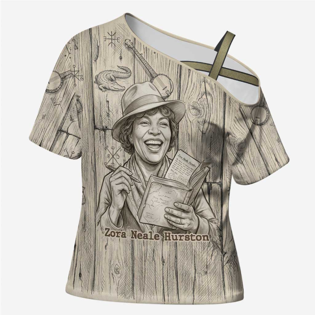 Zora Neale Hurston Cross Shoulder Shirt Rustic Wood Engraved Style Illustration Joyful Portrait with Book and Map Donkey - Wonder Print Shop