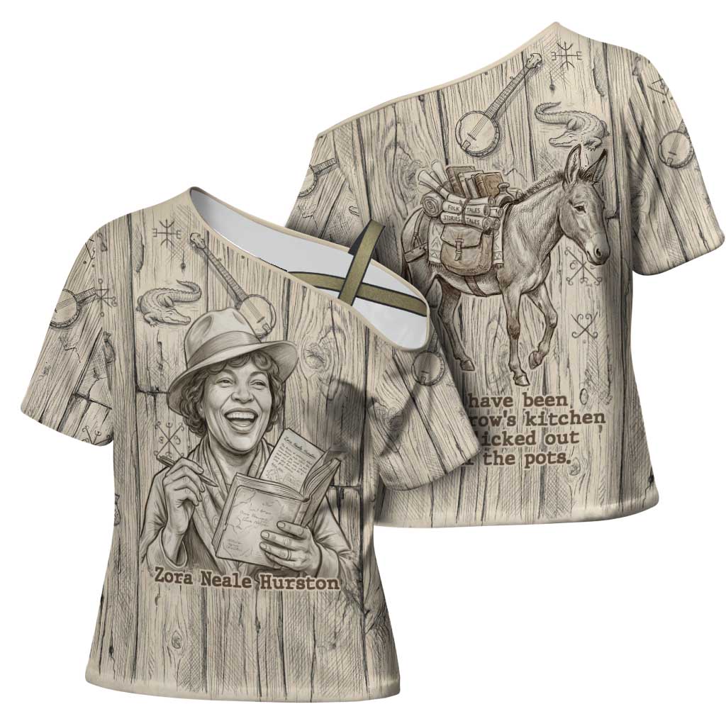 Zora Neale Hurston Cross Shoulder Shirt Rustic Wood Engraved Style Illustration Joyful Portrait with Book and Map Donkey - Wonder Print Shop